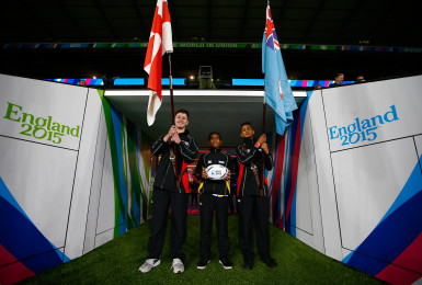 LONDON, ENGLAND - SEPTEMBER 18:  Flagbearers during the 2015 Rugby World Cup Pool A match between England and Fiji at Twickenham Stadium on September 18, 2015 in London, United Kingdom.  (Photo by Chris Lee - World Rugby/World Rugby via Getty Images)